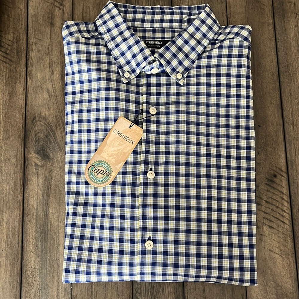 NWT Cremieux Men’s XL Blue White Yellow Plaid Long Sleeved Button Down